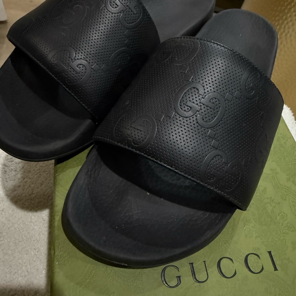 Gucci Embossed Black Slide Sandals Never Used